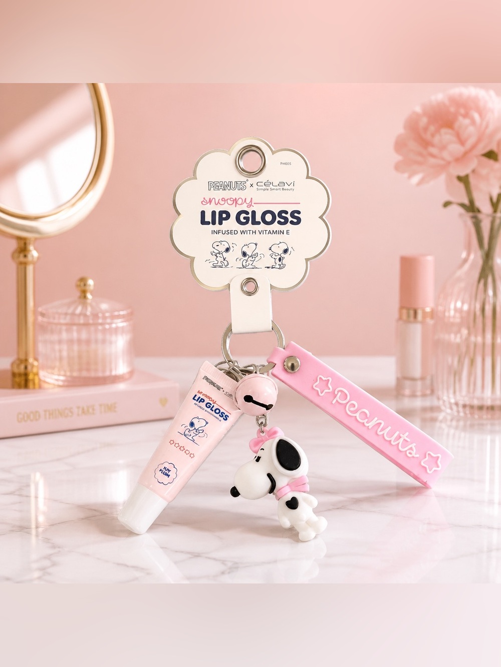 Peanuts x Célavi Snoopy Lip Gloss Keychain Pink Charm